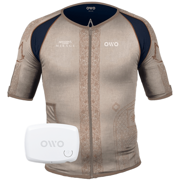 OWO Skin Assassin’s Creed Mirage Edition haptic gaming suit in beige with detailed patterns, shown with the included OWO Device as the product image in the OWO Game shop