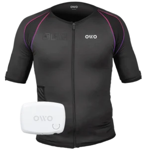 OWO Skin Original Edition haptic gaming suit in black with purple accents, shown with the included OWO Device as the main product image in the OWO Game shop