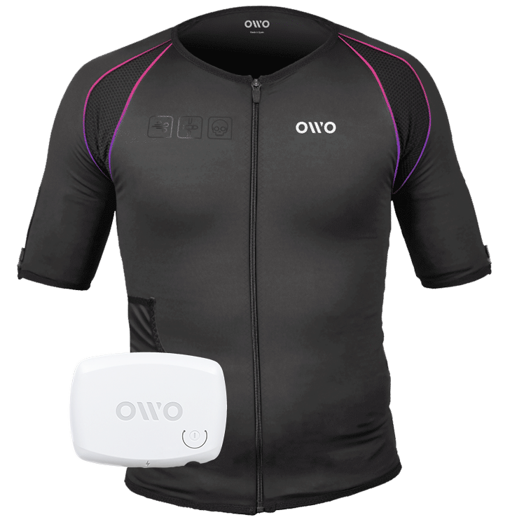 OWO Skin Original Edition haptic gaming suit in black with purple accents, shown with the included OWO Device as the main product image in the OWO Game shop