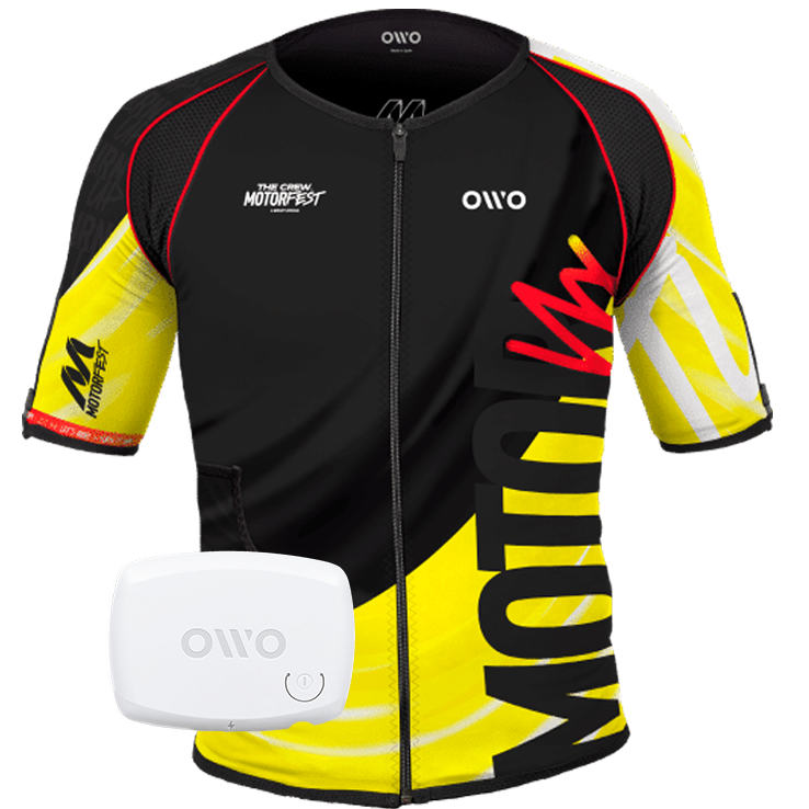 OWO Skin The Crew Motorfest Edition haptic gaming suit in black, yellow and red, shown with the included OWO Device as the product image in the OWO Game shop