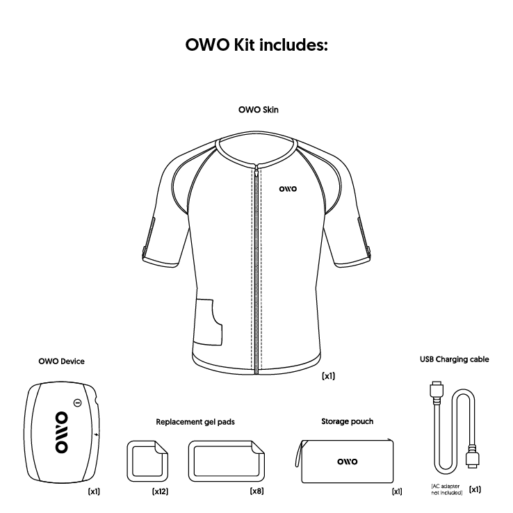 OWO kit includes an OWO Skin, OWO device, USB charging cable, replacement gel pads and storage pouch
