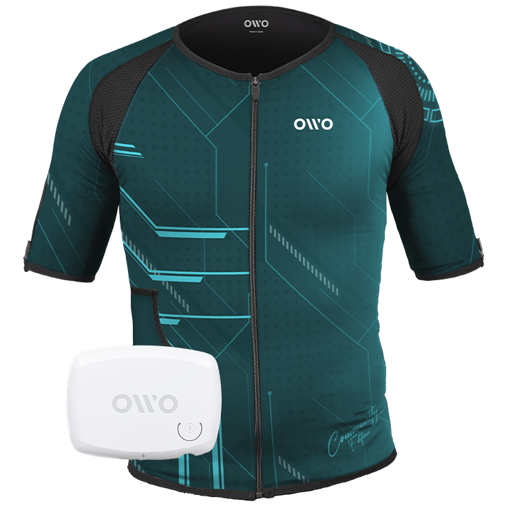 OWO Skin Community Edition haptic gaming suit in teal with the OWO Device included, shown as the product image in the OWO Game shop