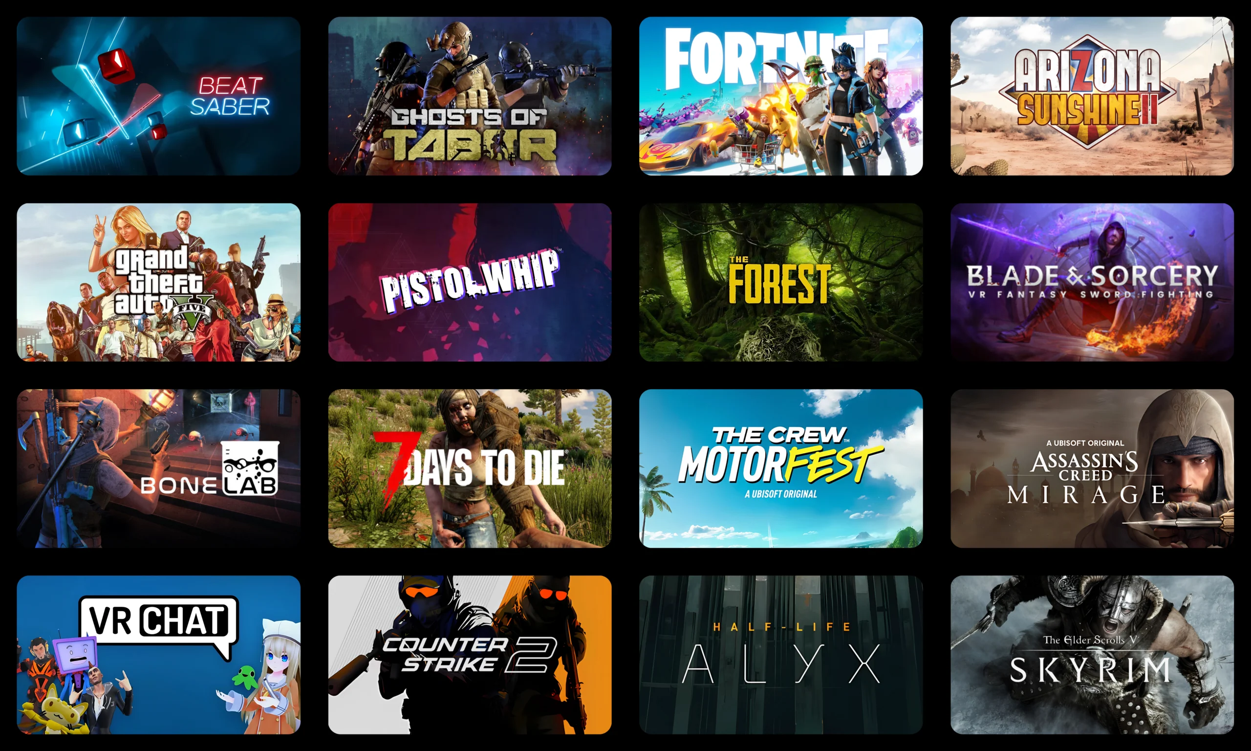 Grid of popular compatible games for the OWO Skin haptic suit, including Beat Saber, Ghosts of Tabor, Fortnite, The Forest, Blade & Sorcery, GTA V, The Crew Motorfest, Half-Life Alyx, VRChat, Skyrim and more