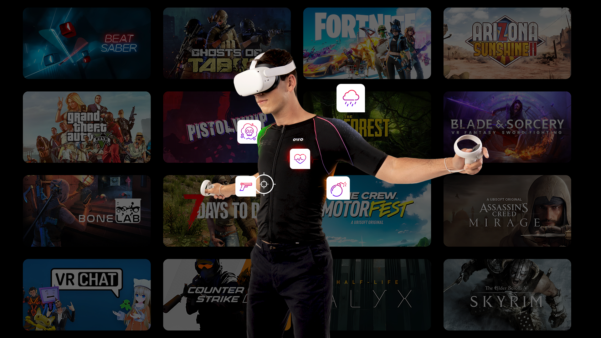 Player using the OWO Game haptic system while feeling real-time physical sensations inside the game