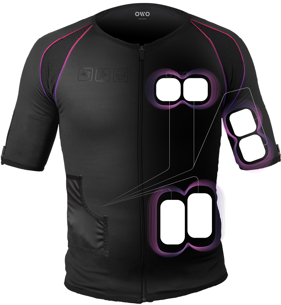 Illustration of the OWO Skin haptic gaming suit showing the placement of the electrical pulse zones on the torso and arm