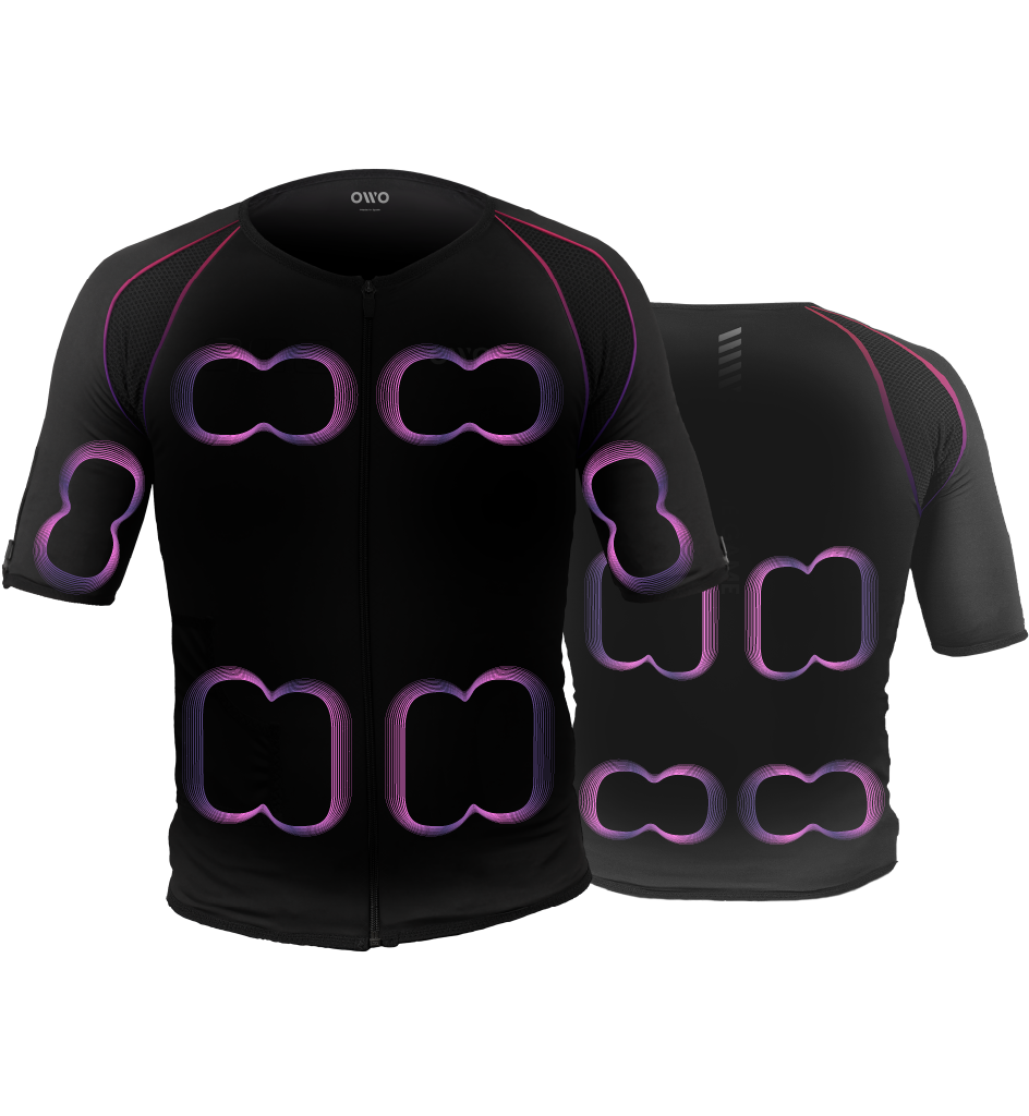 Illustration of the OWO Skin showing all haptic pulse zones on the front and back of the suit, highlighting the full-body distribution of sensation areas