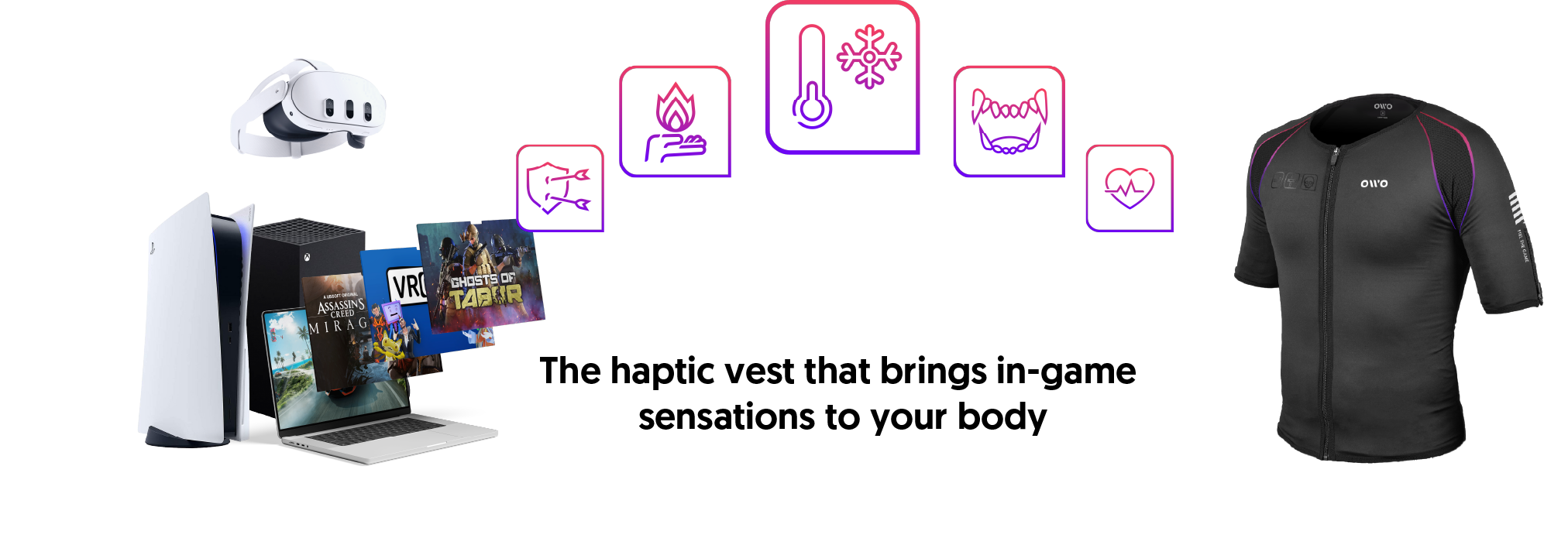OWO haptic vest displayed alongside VR headset, gaming laptop, PlayStation console, and game covers, highlighting its ability to deliver in-game sensations such as heat, cold, pressure, and heartbeat