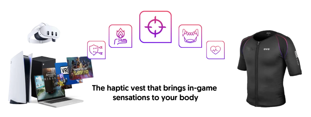 OWO haptic vest displayed alongside VR headset, gaming laptop, PlayStation console, and game covers, highlighting its ability to deliver in-game sensations such as heat, cold, pressure, and heartbeat