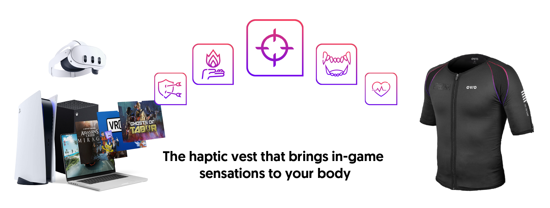 OWO haptic vest displayed alongside VR headset, gaming laptop, PlayStation console, and game covers, highlighting its ability to deliver in-game sensations such as heat, cold, pressure, and heartbeat