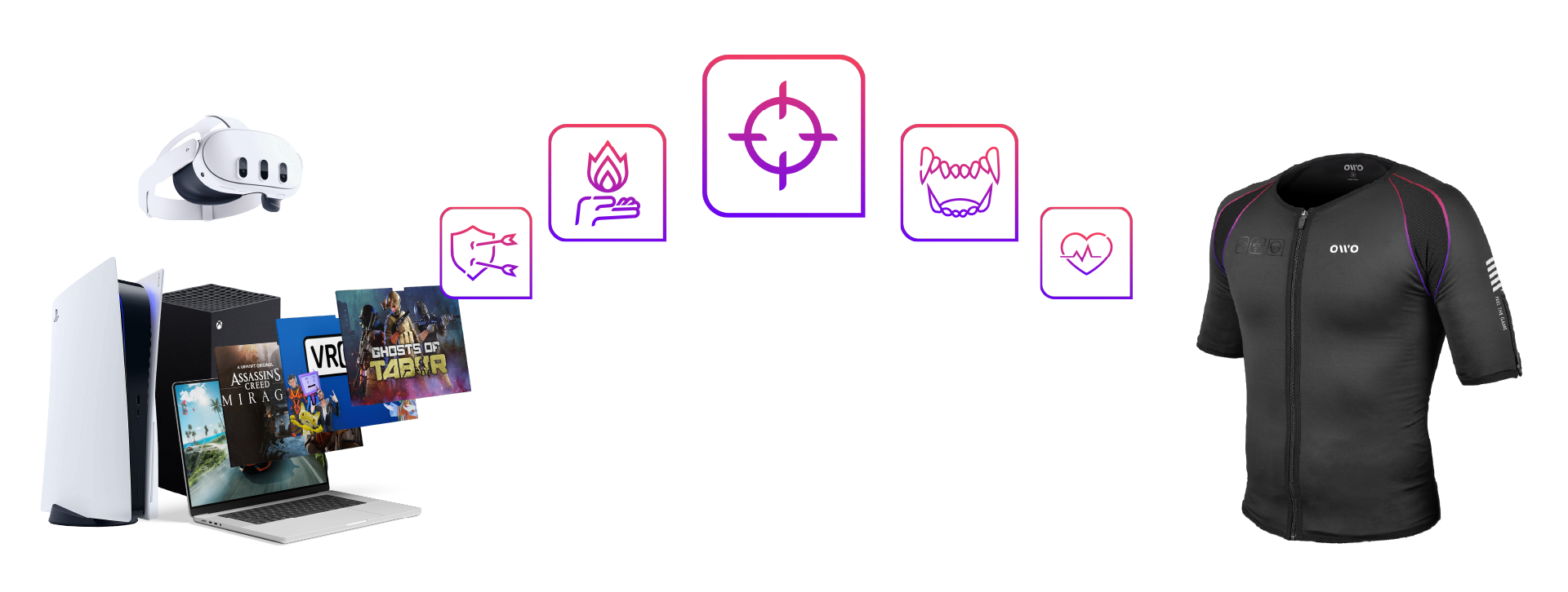 OWO haptic vest displayed alongside VR headset, gaming laptop, PlayStation console, and game covers, highlighting its ability to deliver in-game sensations such as heat, cold, pressure, and heartbeat